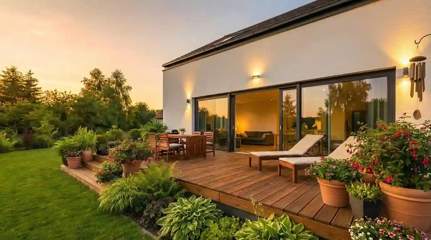 Terrassenbau München – beleuchtete Natursteinterrasse mit Gartenbeleuchtung