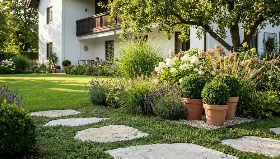 Gartengestaltung München – gepflegter Villengarten mit 
Naturstein-Trittplatten, Ziergräsern und Hortensien 
vor bayerischem Landhaus in Gauting