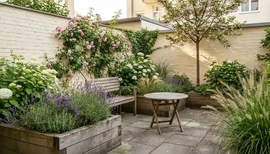 Gartengestaltung München – romantischer Hinterhofgarten 
mit Kletterrosen, Hortensien, Lavendel und Natursteinplatten 
in München Schwabing