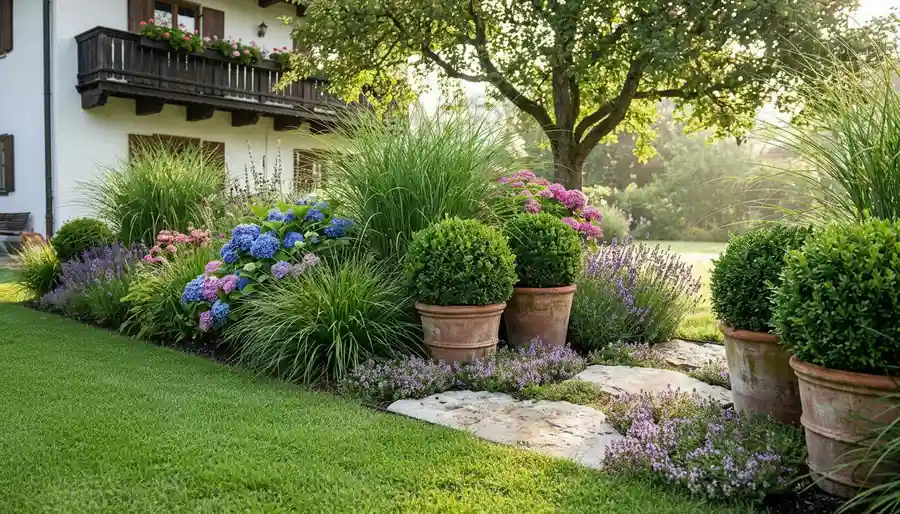 Gartengestaltung München – blühender Landhausgarten mit 
blauen Hortensien, Lavendel, Buchskugeln und Terracotta-Töpfen 
vor bayerischem Landhaus in Holzkirchen