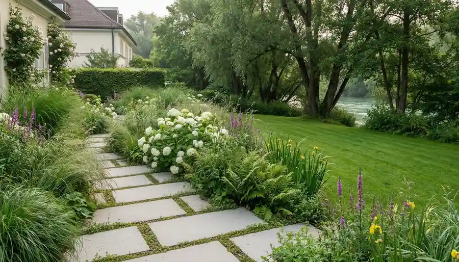 Gartengestaltung München – naturnaher Garten mit 
Natursteinweg, weißen Hortensien und Blutweiderich 
am Isarufer in München