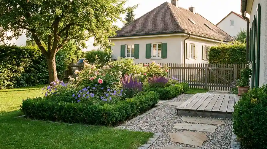 Gartengestaltung München – gepflegter Cottage-Garten mit 
Kiesweg, Holzterrasse und Staudenbeet vor bayerischem 
Landhaus in Gräfelfing