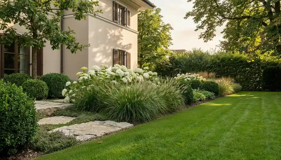 Gartengestaltung München – exklusiver Villengarten mit 
Natursteinplatten, weißen Hortensien und Ziergräsern 
vor Gründerzeit-Villa in Grünwald