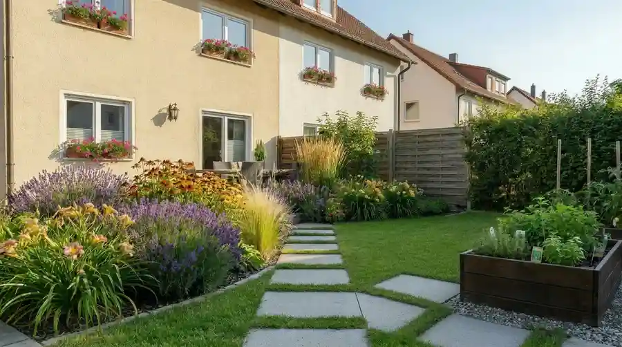 Gartengestaltung München – gepflegter Reihenhausgarten 
mit Trittplatten, Hochbeet, Lavendel und Taglilien 
in München Pasing