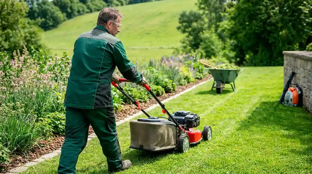 Gärtner von Galabau München mäht den Rasen mit einem Profi-Rasenmäher, Staudenbeete, Natursteinmauer und Schubkarre in einem gepflegten Garten im Großraum München