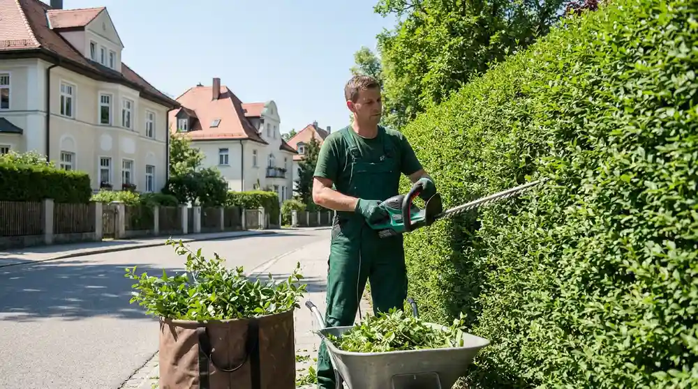 Gärtner von Galabau München schneidet eine Hecke mit elektrischer Heckenschere, Grünschnitt im Gartensack und Schubkarre, Münchner Villenviertel im Hintergrund