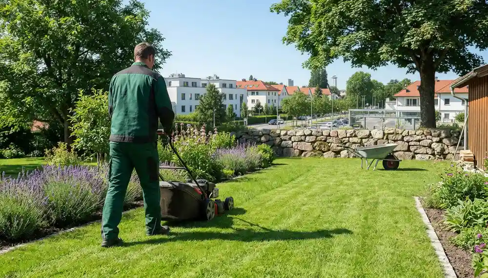 ärtner von Galabau München mäht den Rasen in einem gepflegten Garten mit Lavendelbeeten und Natursteinmauer, Wohngebiet im Großraum München