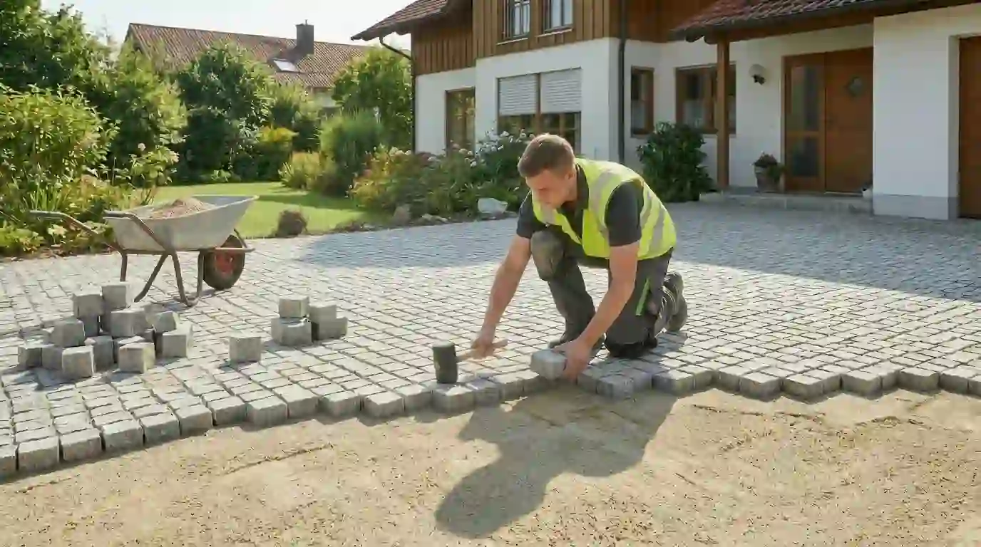 Pflasterarbeiten München – Einfahrt Granitpflaster verlegen Facharbeiter verlegt Granit-Kleinpflaster auf Sandbett – Pflasterarbeiten München
