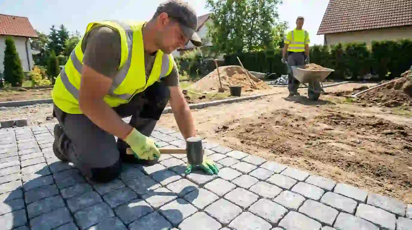 Pflasterarbeiten München – Granitpflaster verlegen vom Fachbetrieb Facharbeiter verlegt Granit-Kleinpflaster mit Gummihammer – Pflasterarbeiten München
