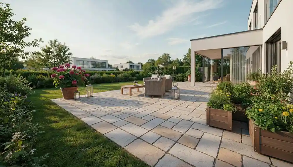Natursteinterrasse mit Gartenmöbeln und Bepflanzung – Terrassenbau München
