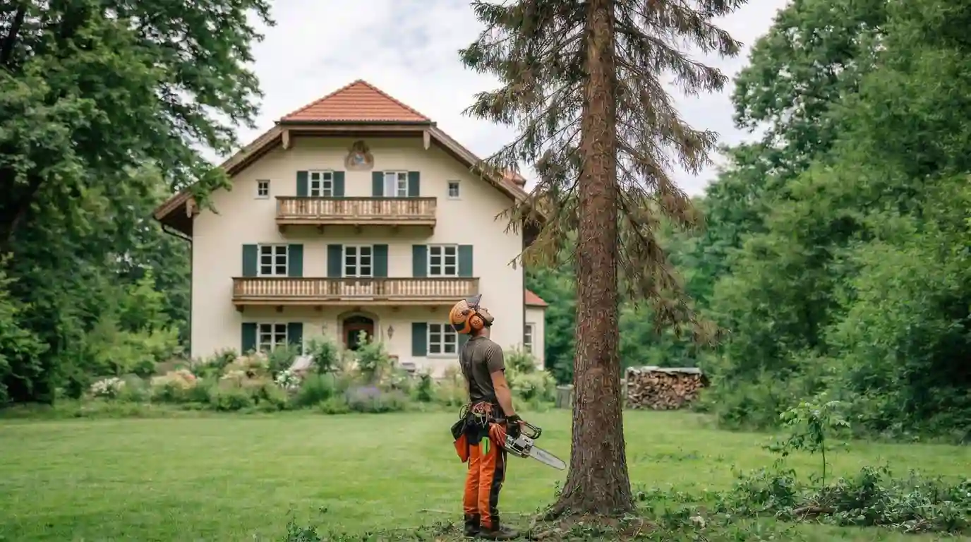 Baumpfleger mit Motorsäge blickt zur Krone eines Baums vor bayerischem Wohnhaus – Baumschnitt und Kronenpflege München