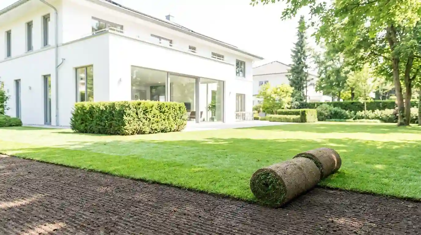 Frisch verlegter Rollrasen vor moderner Villa mit Rasenrolle auf vorbereitetem Boden – GaLaBau München
