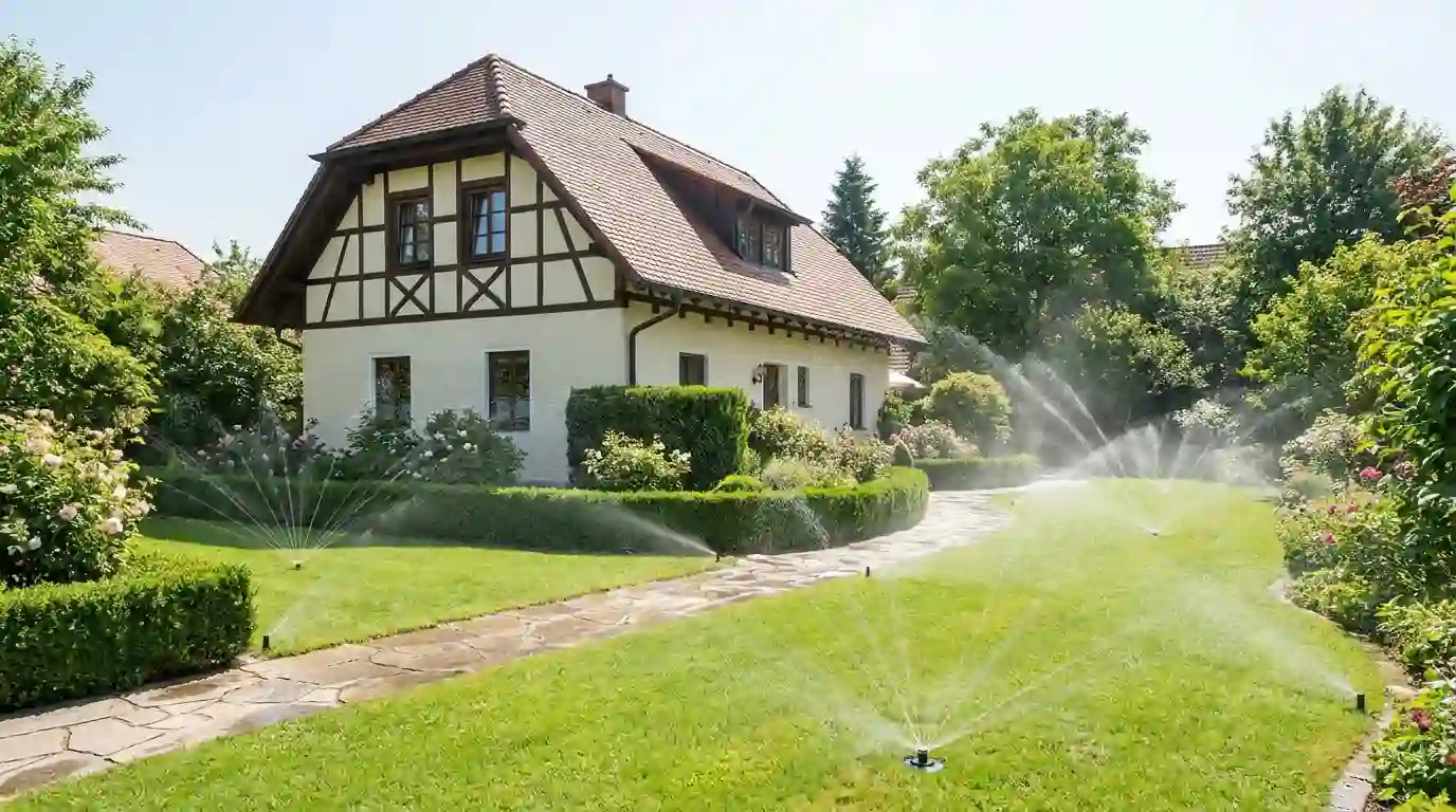 Automatisches Bewässerungssystem mit mehreren aktiven Versenkregnern in einem bayerischen Garten