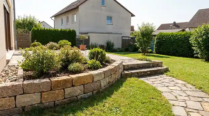 Natursteinmauer, Gartenweg und Stufen aus Naturstein im Garten – Natursteinarbeiten Garten- und Landschaftsbau München