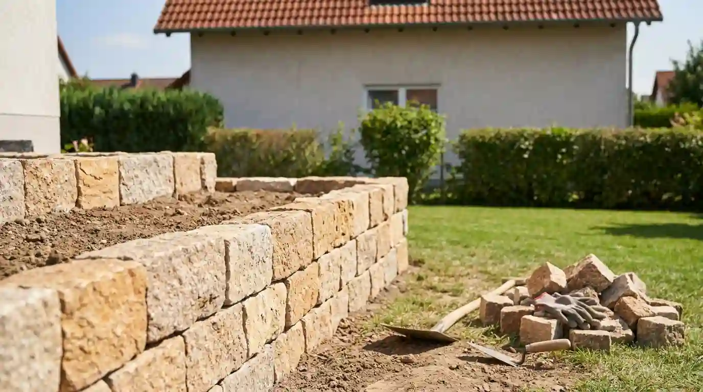 Frisch gebaute Natursteinmauer im Garten mit Werkzeug und Steinresten – Natursteinarbeiten Garten- und Landschaftsbau München
