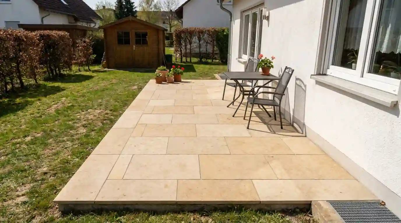 Natursteinterrasse aus hellen Sandsteinplatten mit Sitzgruppe am Haus – Natursteinarbeiten Garten- und Landschaftsbau München