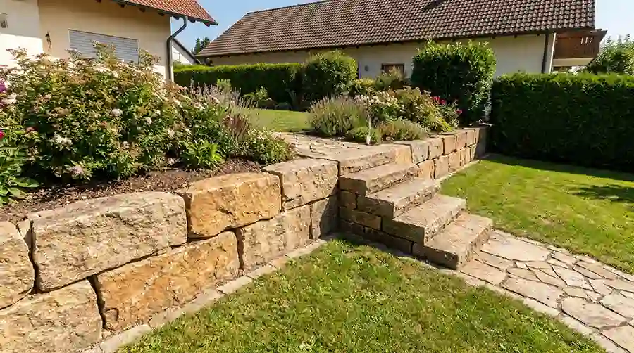 In eine Böschung integrierte Natursteintreppe im Garten mit Beeteinfassung – Natursteinarbeiten Garten- und Landschaftsbau München