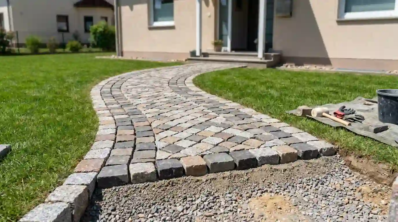 Natursteinweg aus Granit mit sichtbarem Schotter-Unterbau im Garten – Natursteinarbeiten Garten- und Landschaftsbau München