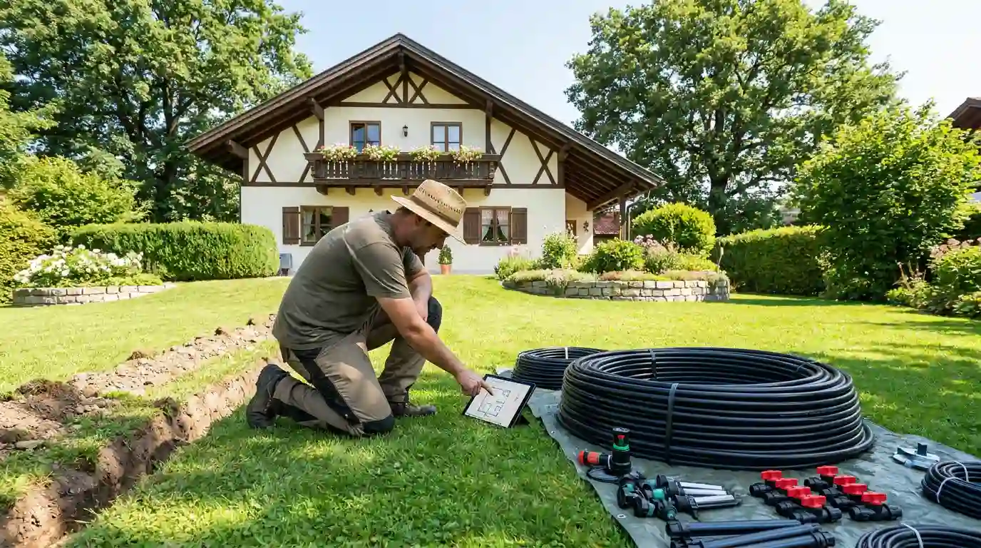 Fachmann plant und installiert eine automatische Gartenbewässerung mit verlegten Rohren und Komponenten
